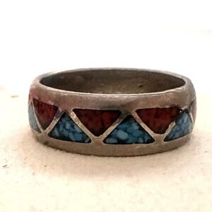 Sterling Silver Southwestern Style Coral & Turquoise Chip Ring Size 7.75 / 4.93g